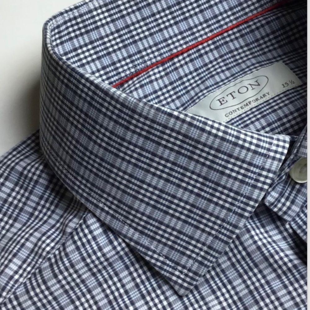 ETON  contemporary grey & blue checkered cotton shirt Sz 15.5 /39 made in Europe